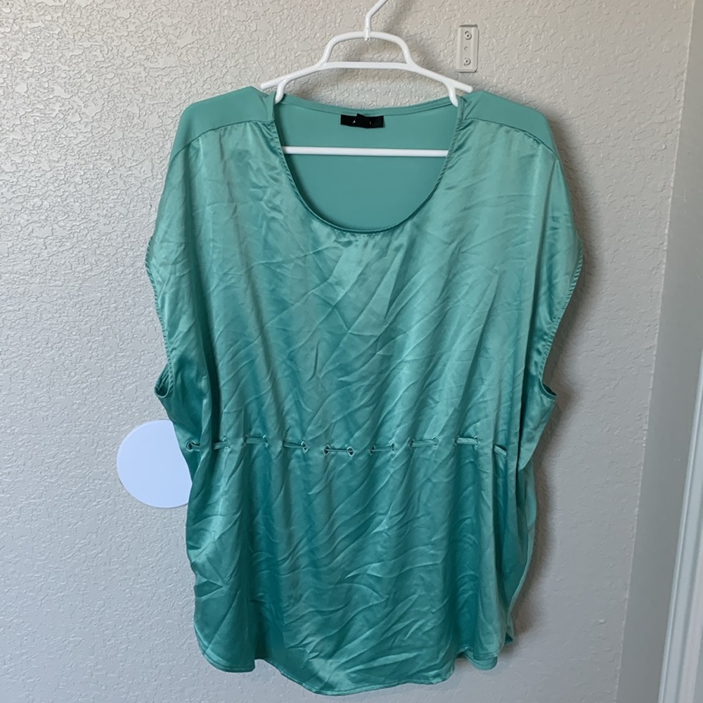 Alfani Aqua blue /green satin look mixed media drawstring blouse cap sleeve - Picture 5 of 9